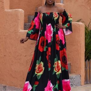 Plus Floral Print Shirred Bardot Dress